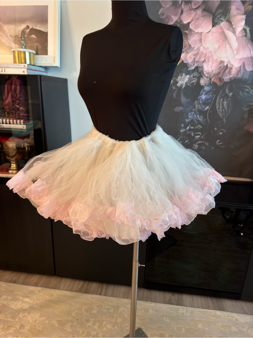 Classic Tulle Petticoat Skirt in White with Pink Trim